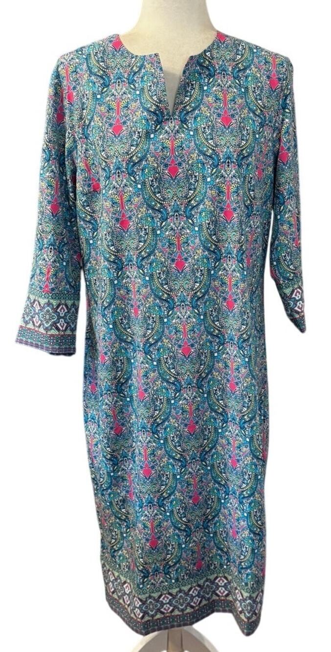 Coolibar Oceanside Tunic Dress UPF 50+ Fuchsia Bouquet Paisley Print Medium